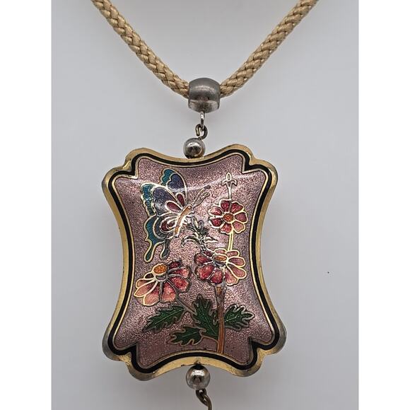 Vintage Gold Tone Butterfly Cloisonné Pendant Rope 28" Necklace Tassel Fringe - Picture 3 of 6